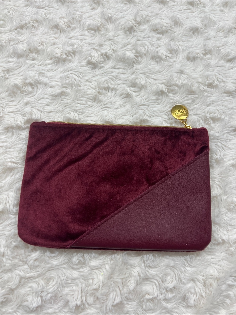 Burgundy Velvet & Leatherette Zip Pouch Makeup Bag